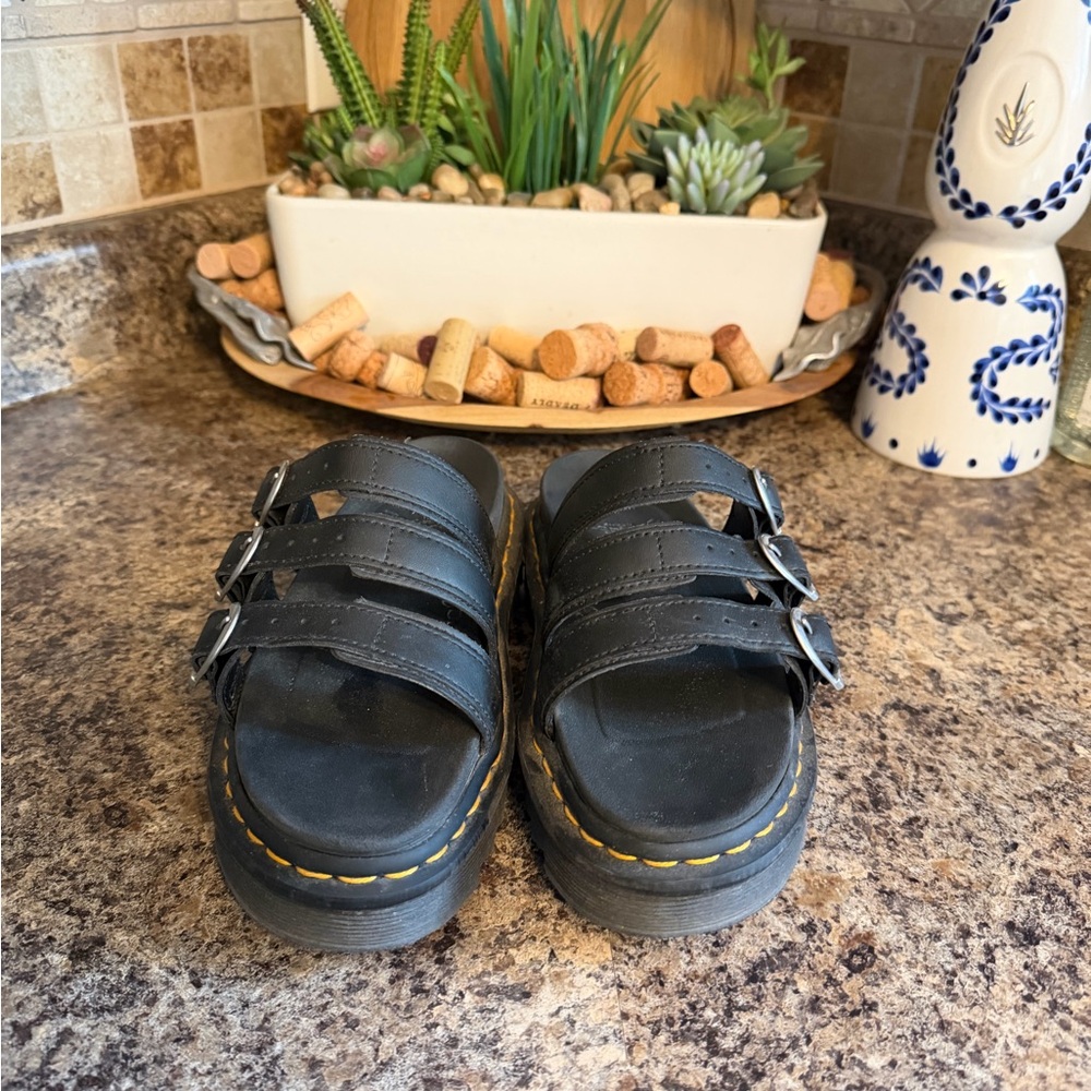 Dr. Martens Black Triple-Strap Platform Sandals with Yellow Stitching